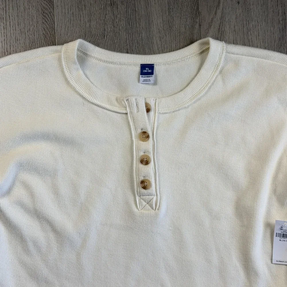 Old‎ Navy Thermal Shirt Kids XL 14-16 White Waffle Knit Henley Long Sleeve